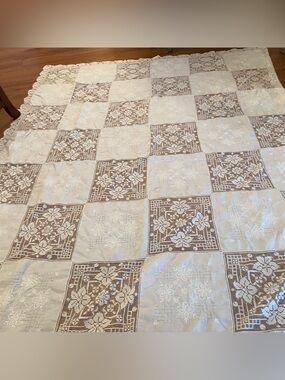 Vintage Battenburg And Lace Patchwork Tablecloth White 86x66 Cottage Core